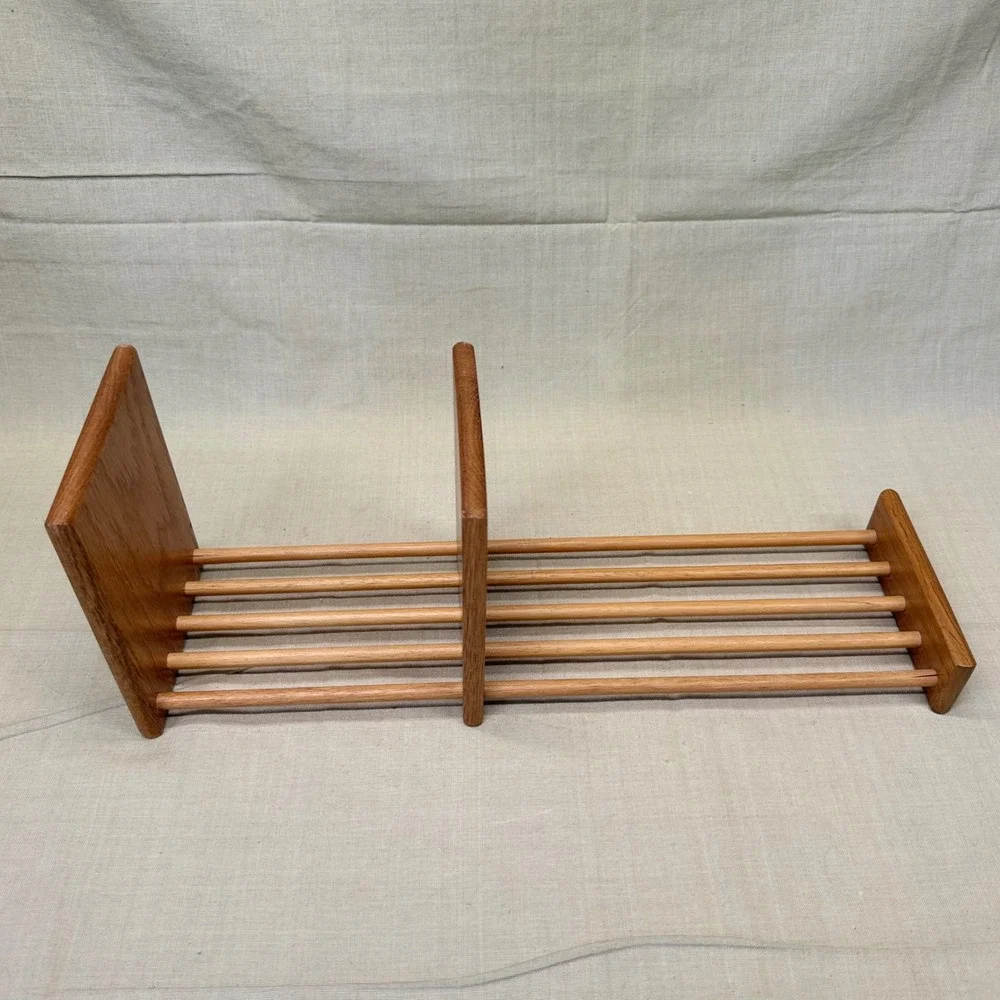 Vintage Mid Century Modern Oak Wood Desktop Book Rack Expandable Slat Bookshelf